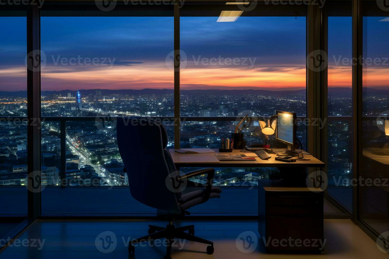 an office with a desk and chair in front of a window with a view of the city generative ai photo