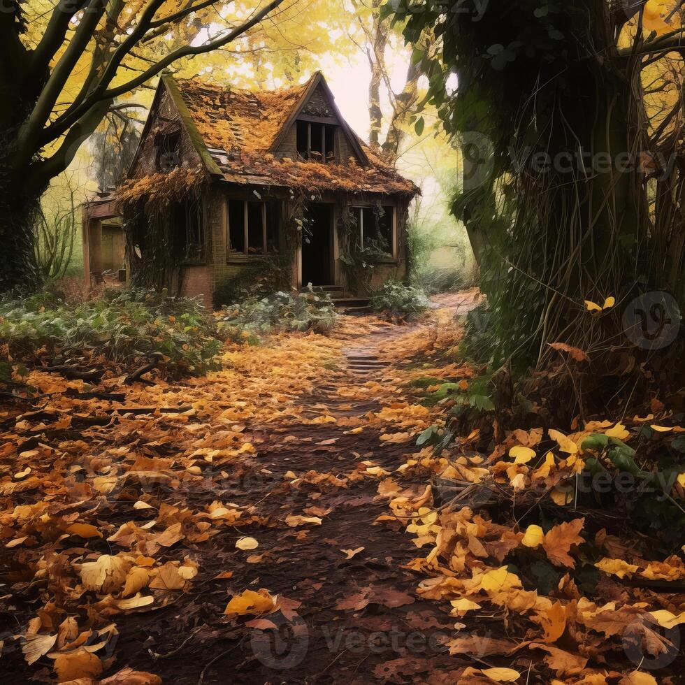 an old abandoned house in the woods with leaves on the ground