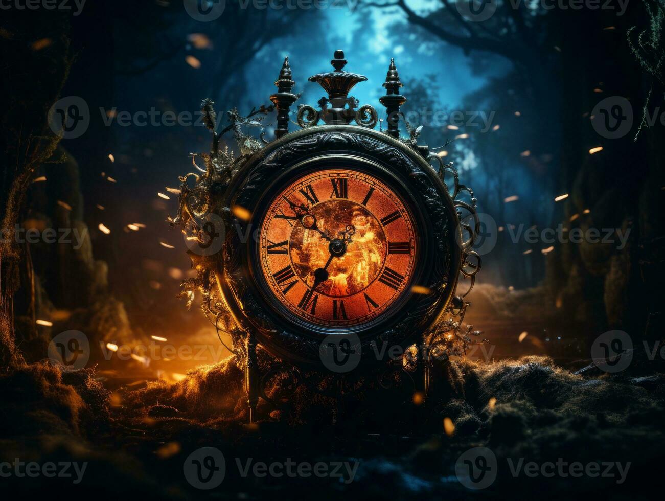 an old clock sitting in the middle of a dark forest generative ai photo