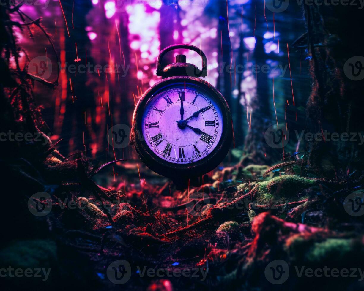 an old clock sitting in the middle of a forest generative ai photo