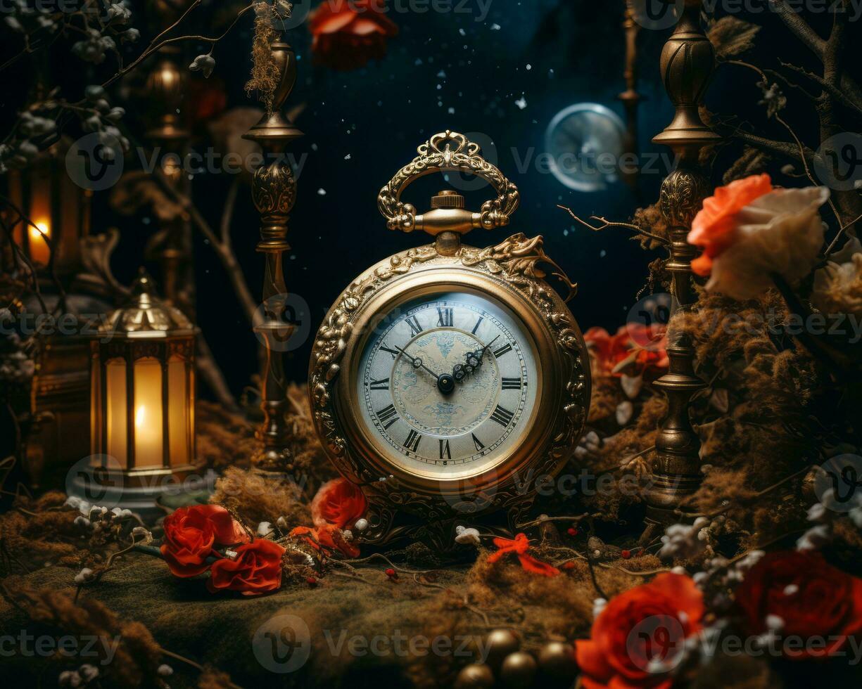 an old clock sits on a table surrounded by flowers and candles generative ai photo