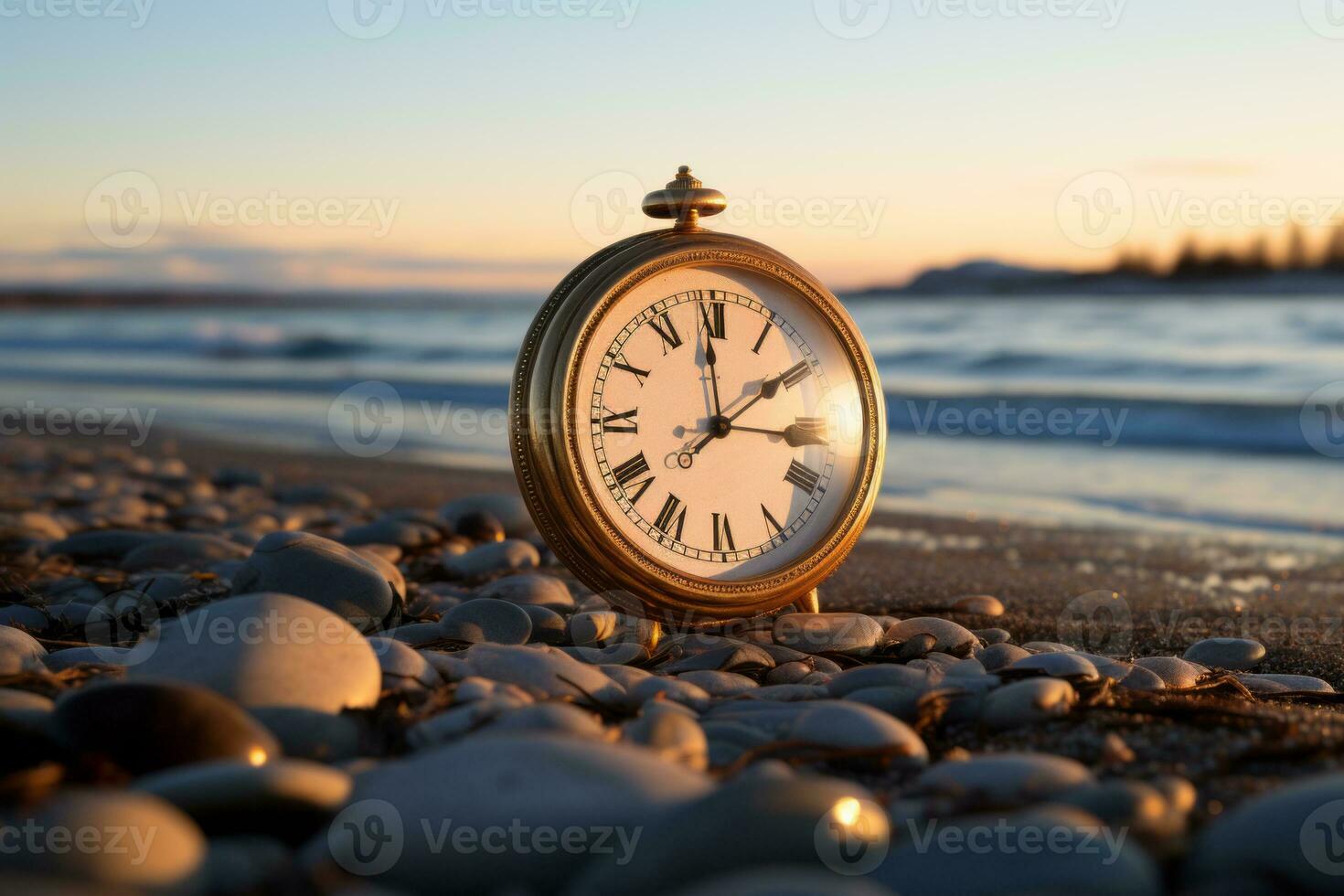 an old clock sitting on the beach with the sun setting in the background generative ai photo