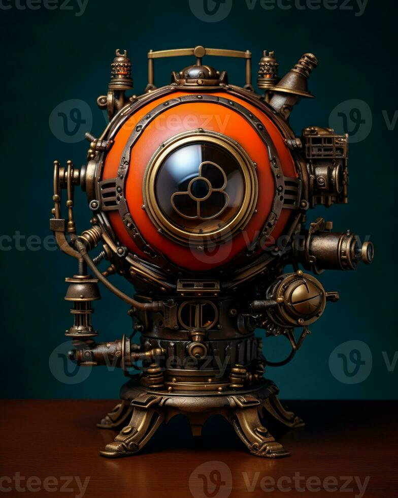 an old style steampunk diving helmet on a table generative ai photo