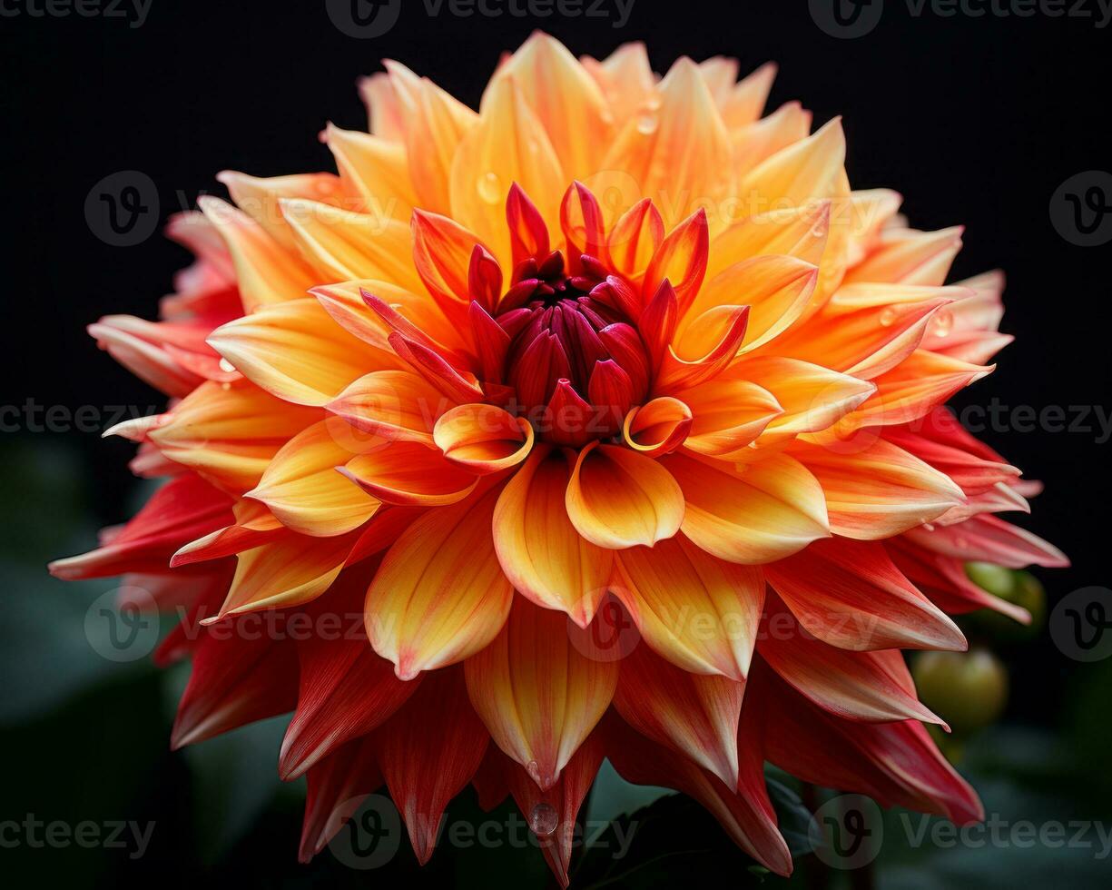 an orange and yellow dahlia flower on a black background generative ai photo