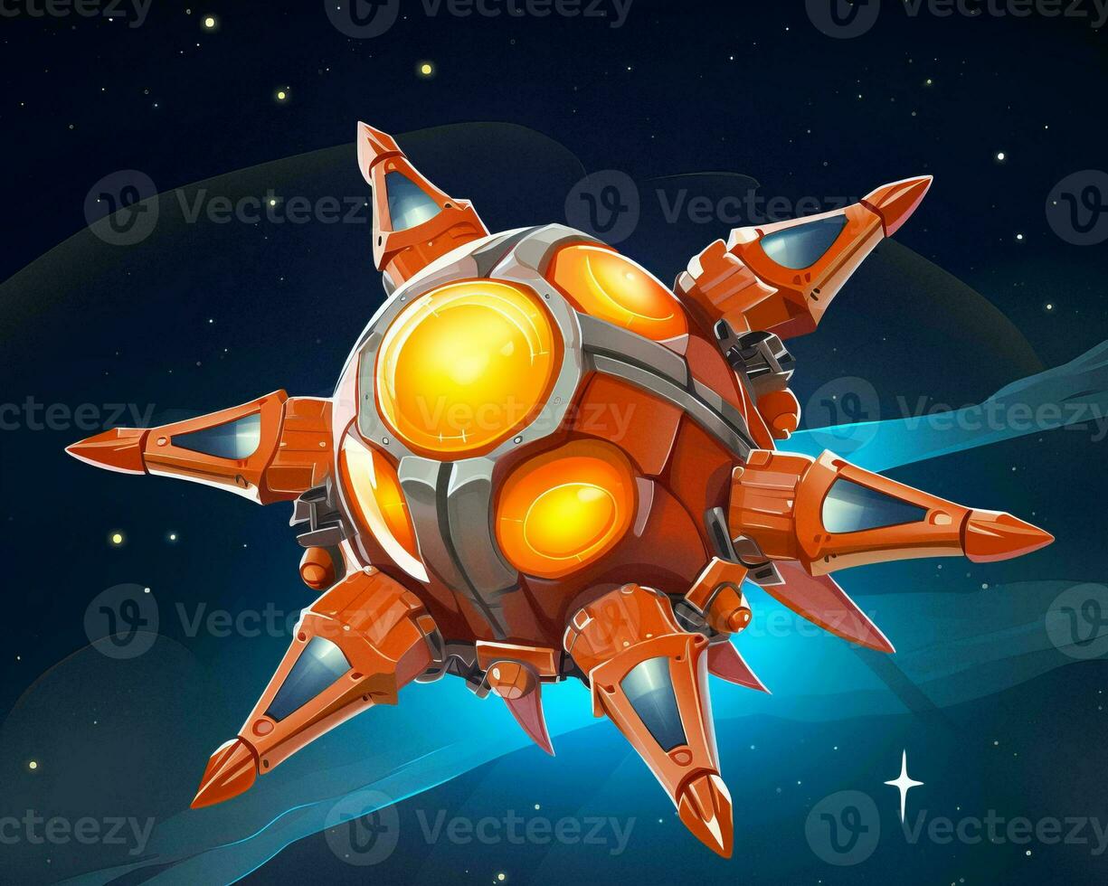 an orange space ship flying through space with stars in the background generative ai photo