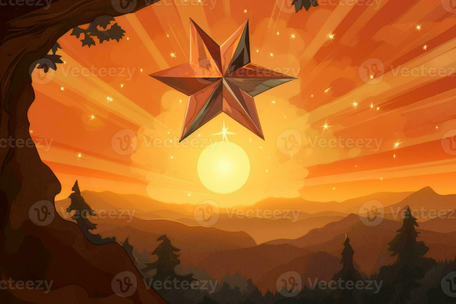an orange star in the sky with mountains in the background generative ai photo