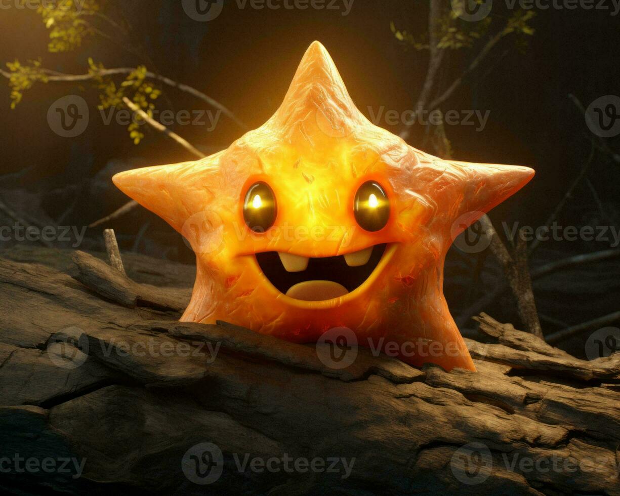 an orange star with glowing eyes sitting on a rock generative ai photo