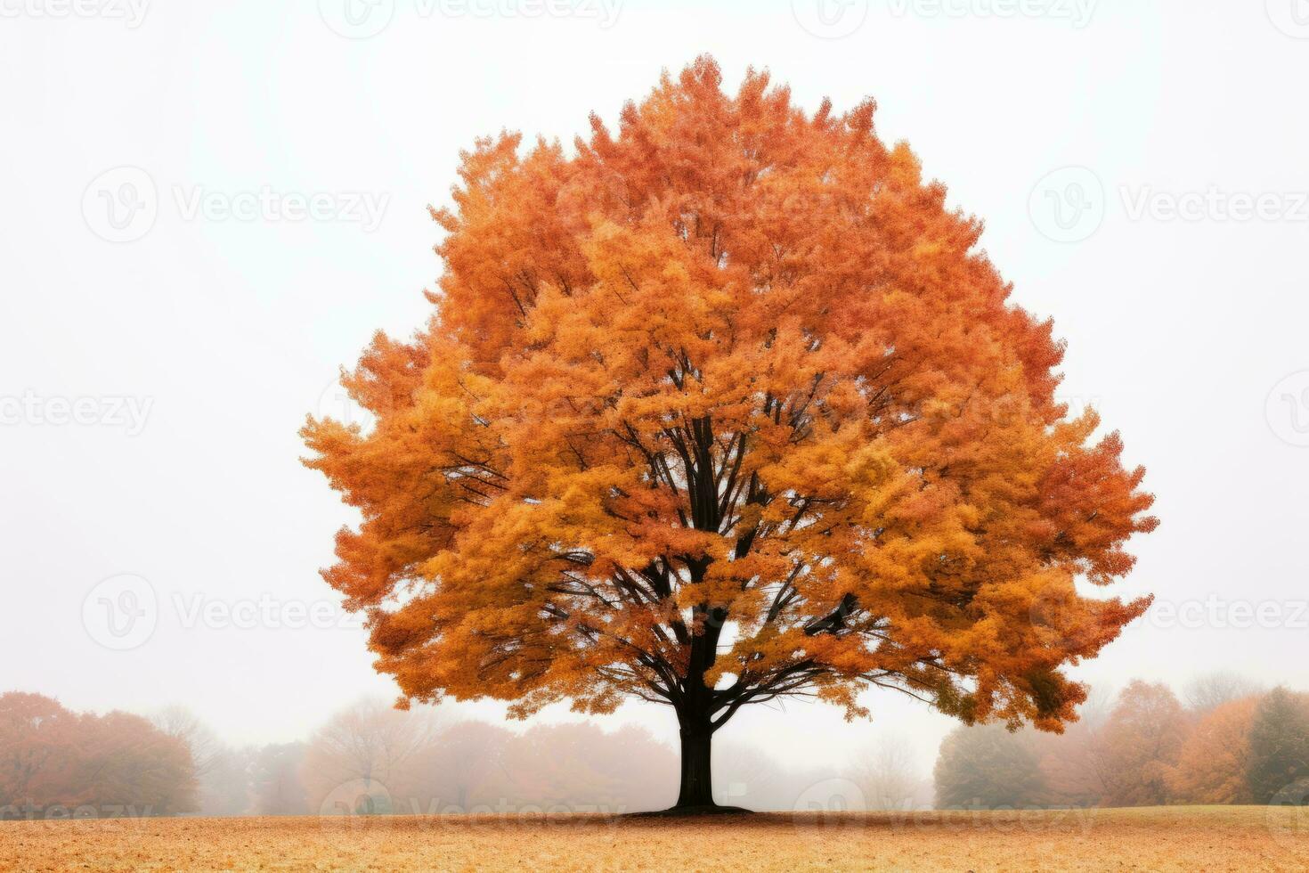 an orange tree stands alone in a foggy field generative ai photo