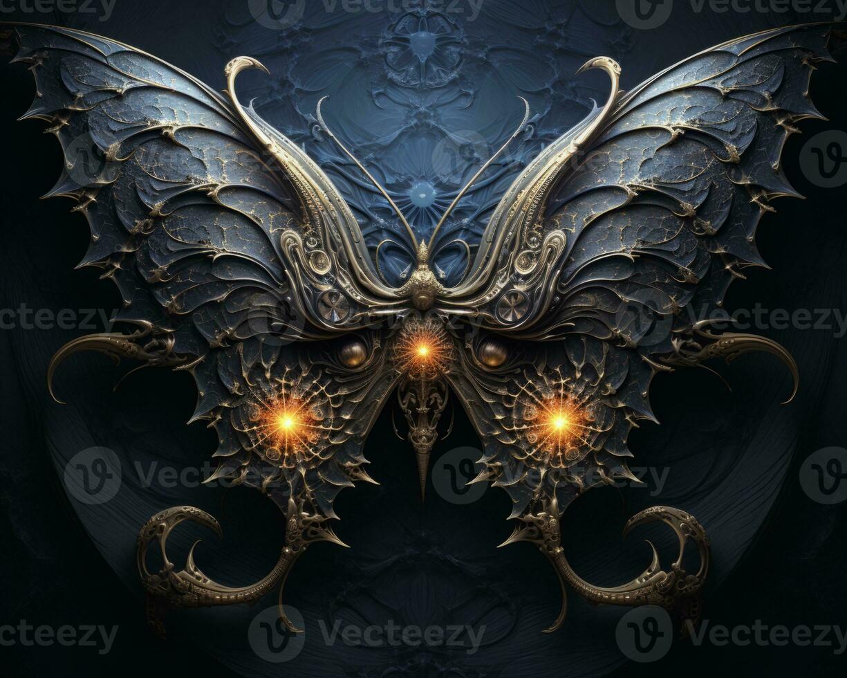 an ornate butterfly with glowing eyes on a dark background generative ai photo