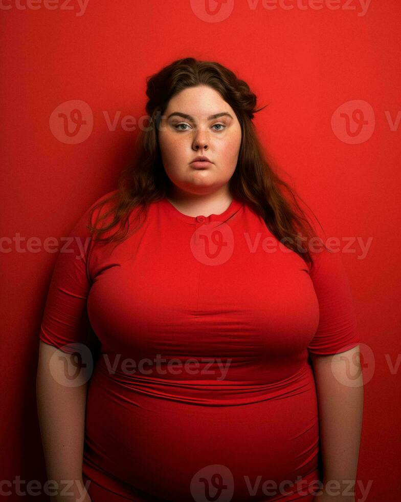 an overweight woman in a red dress against a red background generative ai photo