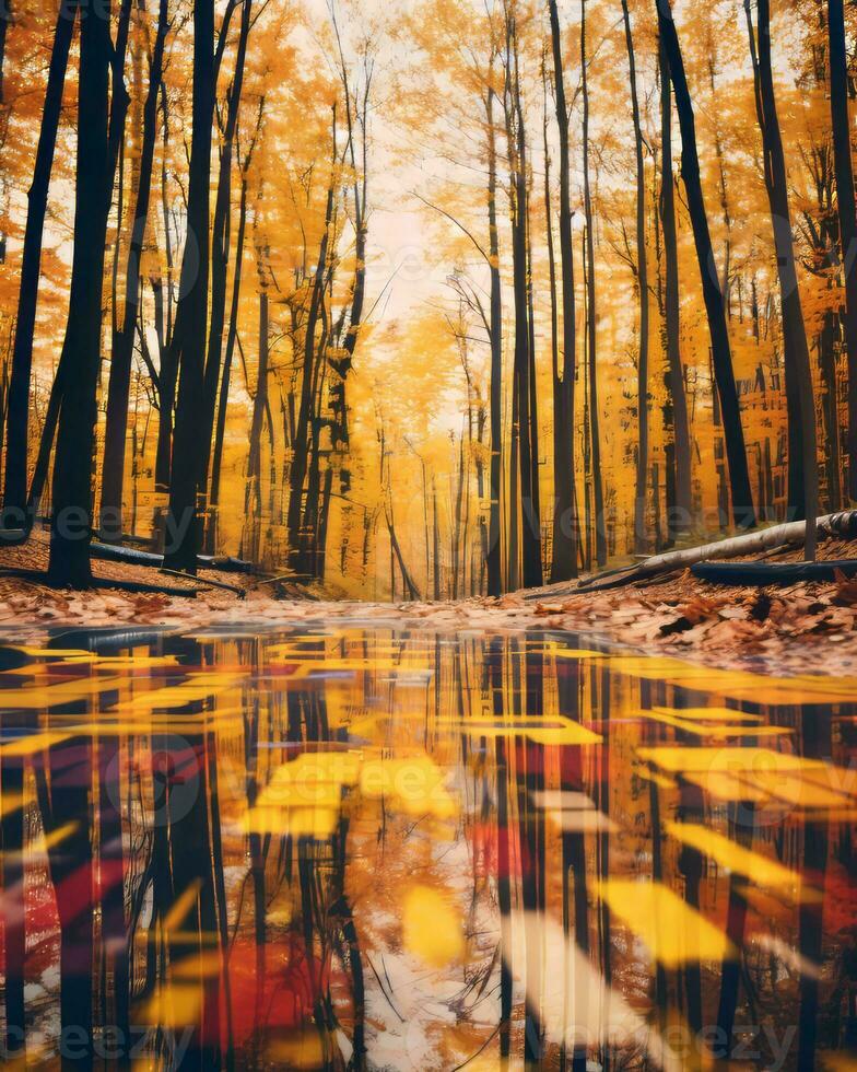 autumn leaves reflected in a puddle in a forest generative ai photo