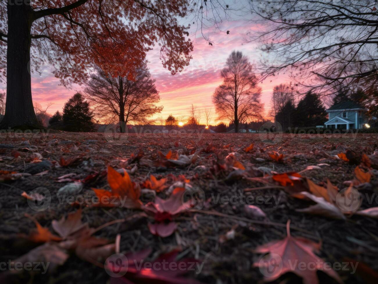autumn leaves on the ground in front of a sunset generative ai photo