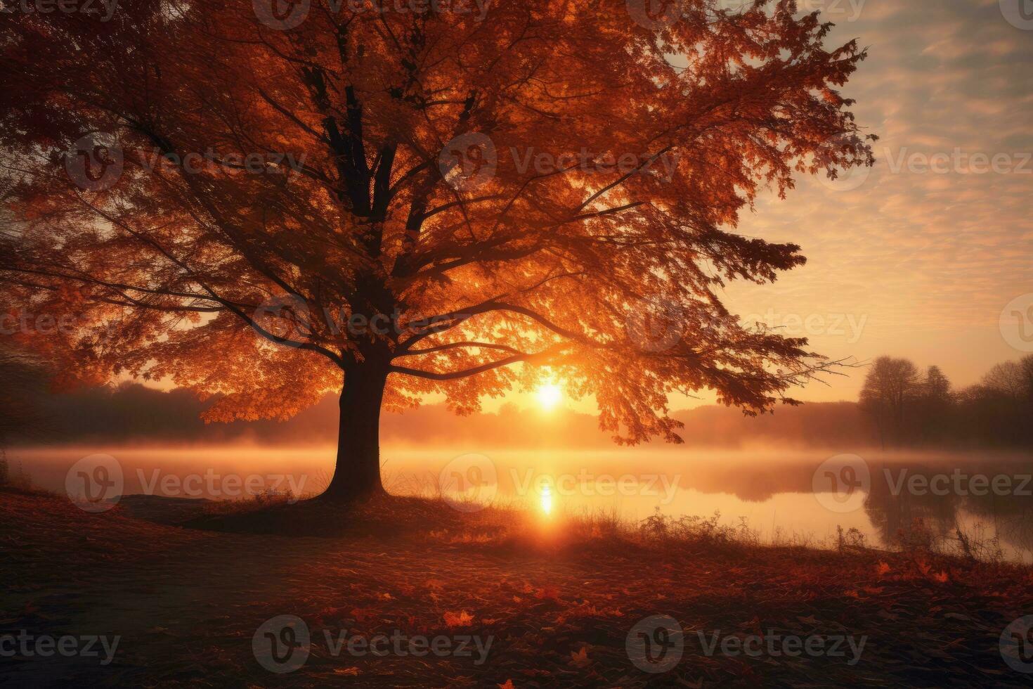 autumn tree in the park with the sun rising over the water generative ai photo