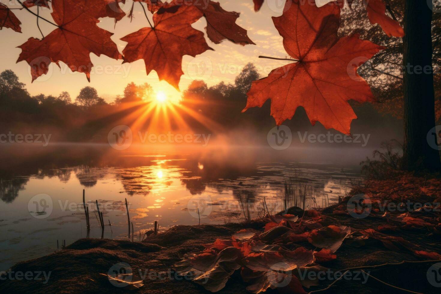 autumn leaves on the shore of a lake at sunrise generative ai photo