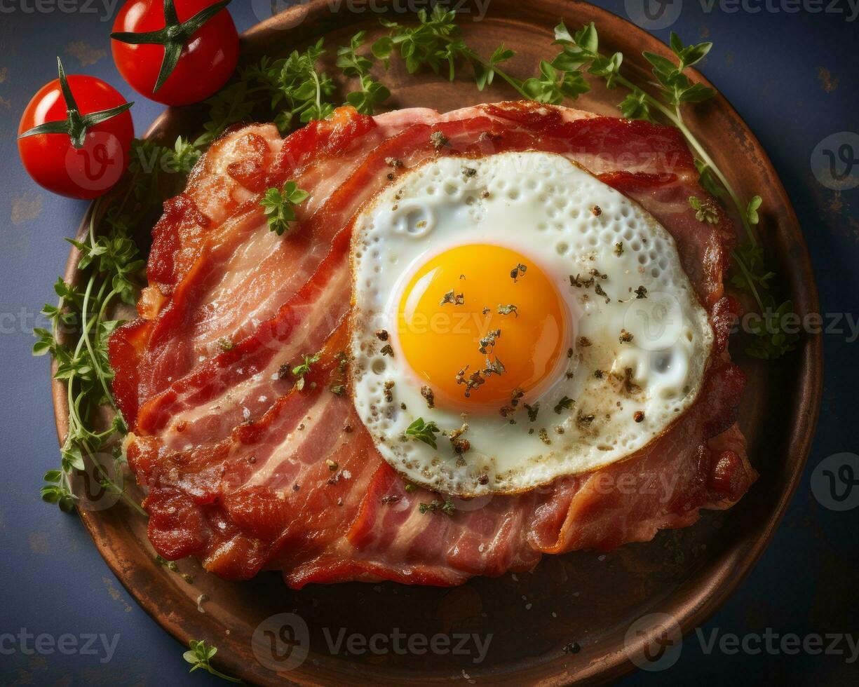 tocino y huevo en un plato con Tomates y hierbas generativo ai foto