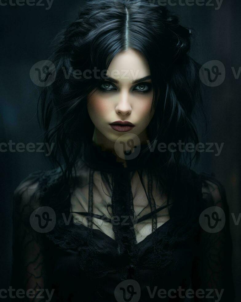 beautiful gothic woman with black hair and blue eyes generative ai photo