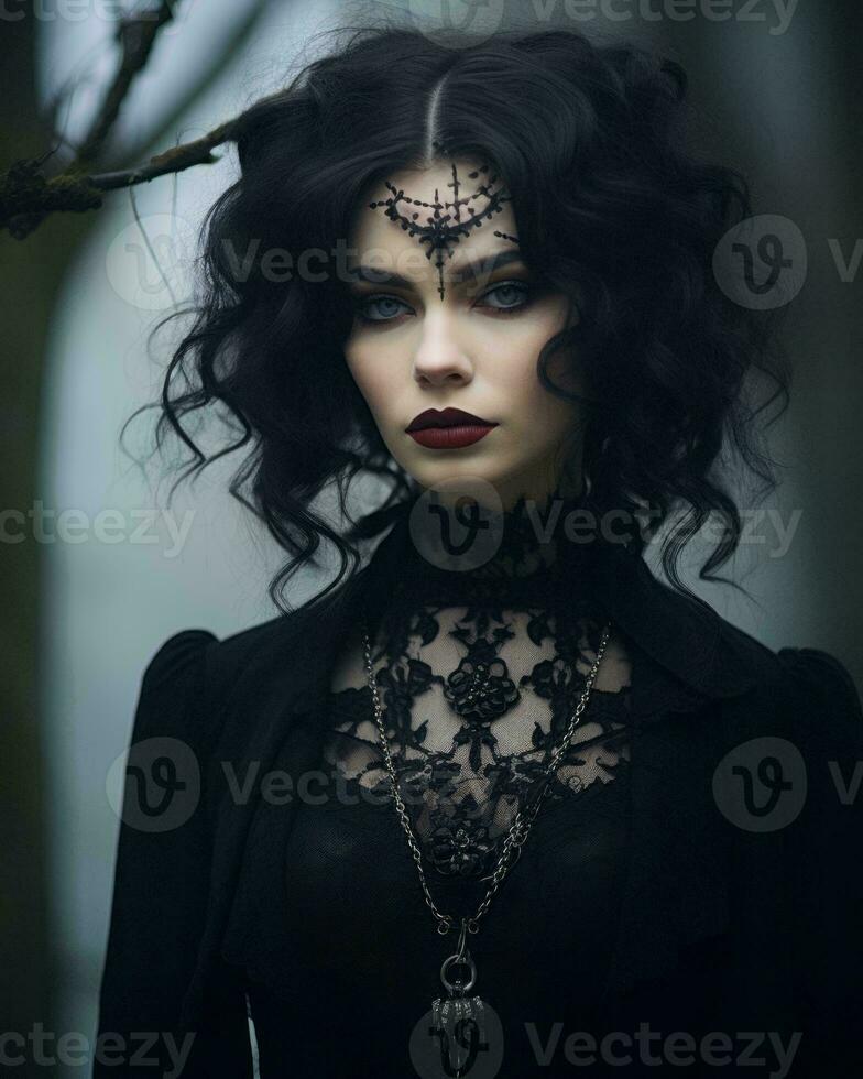 beautiful gothic woman with black hair and dark makeup generative ai photo