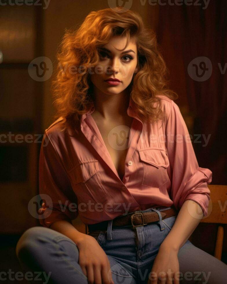 beautiful redhead woman in pink shirt and jeans sitting on chair generative ai photo