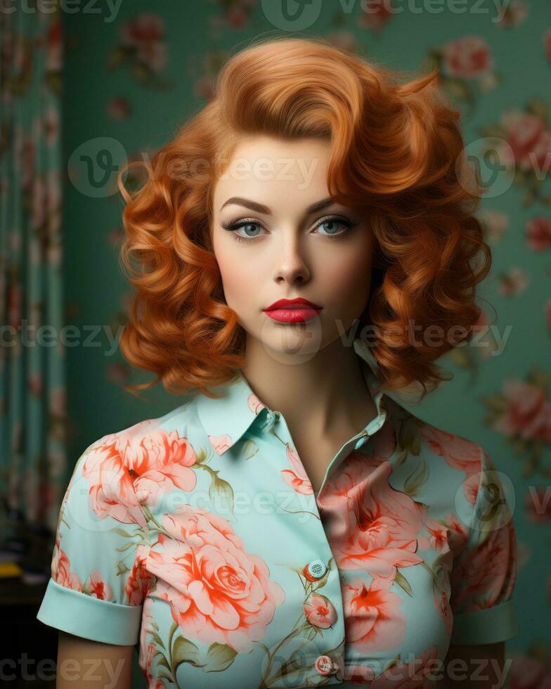 beautiful red haired woman with floral shirt and red lipstick generative ai photo