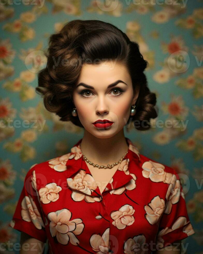 beautiful retro woman in red floral print shirt generative ai photo