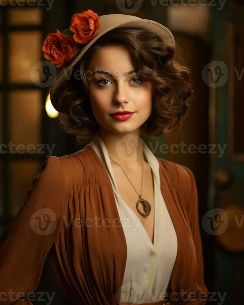 beautiful woman in brown dress and hat posing for the camera generative ai photo