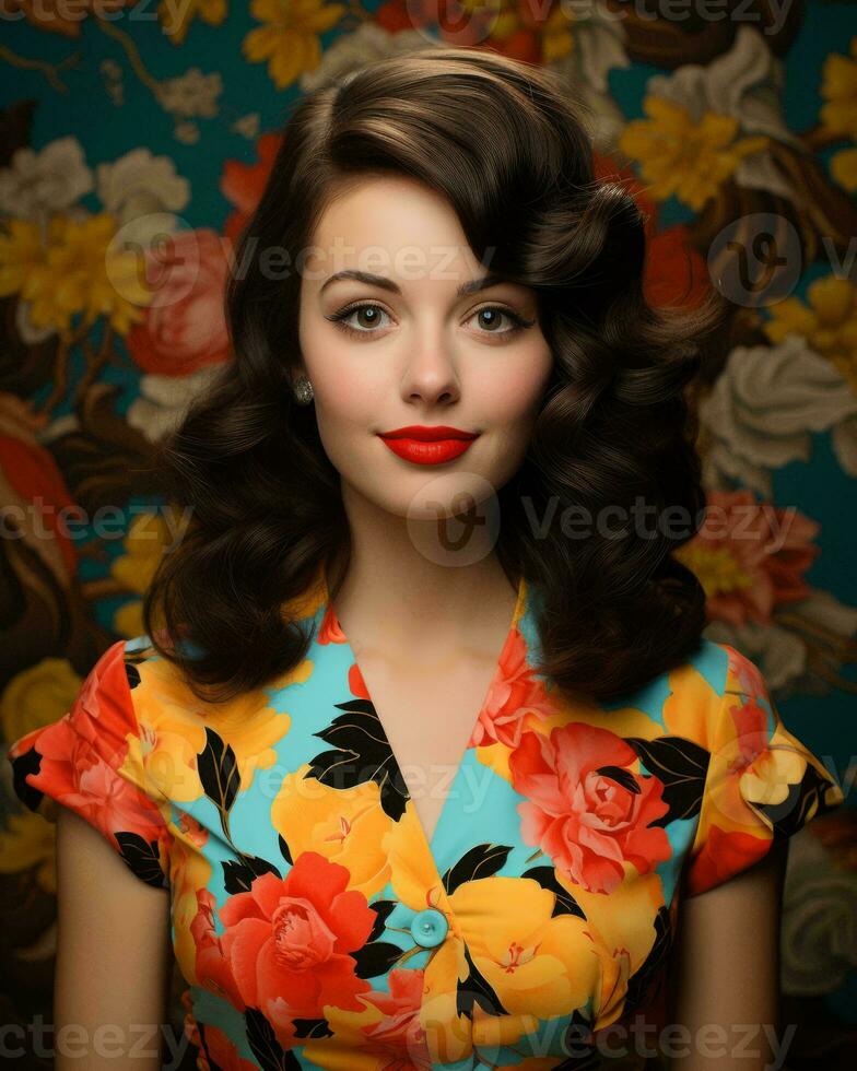 beautiful woman in floral print dress with red lipstick generative ai photo