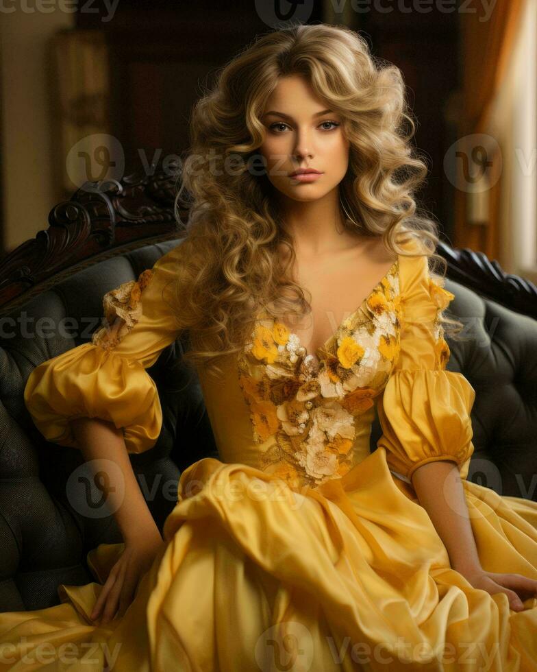 beautiful woman in yellow dress sitting on a couch generative ai photo