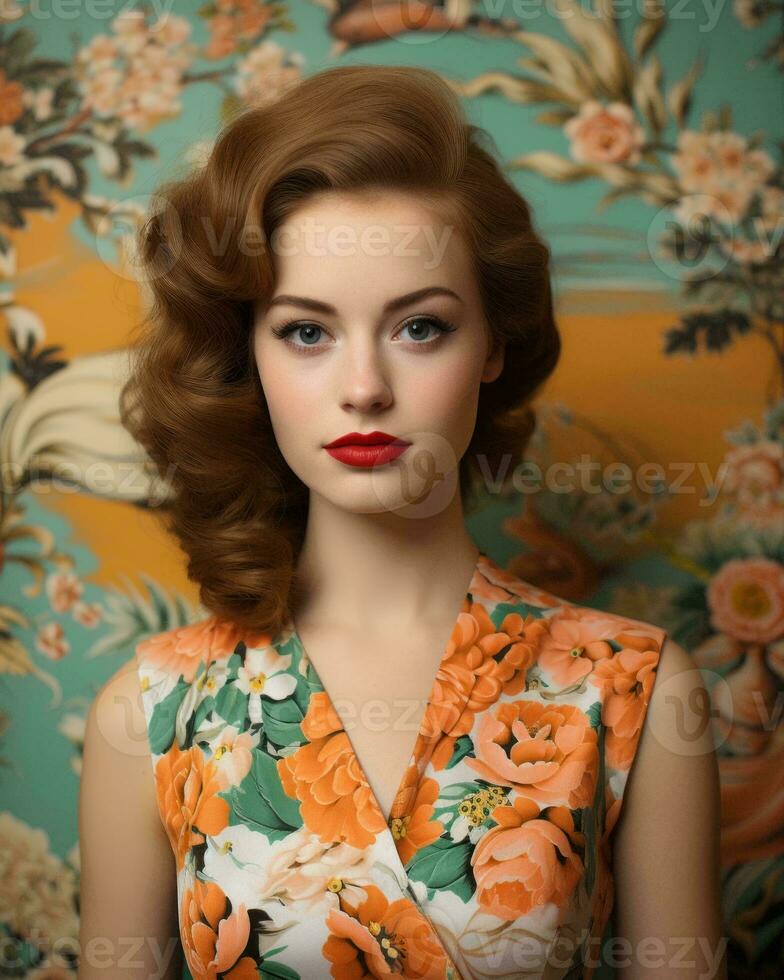 beautiful woman with red lipstick posing in front of floral wallpaper generative ai photo