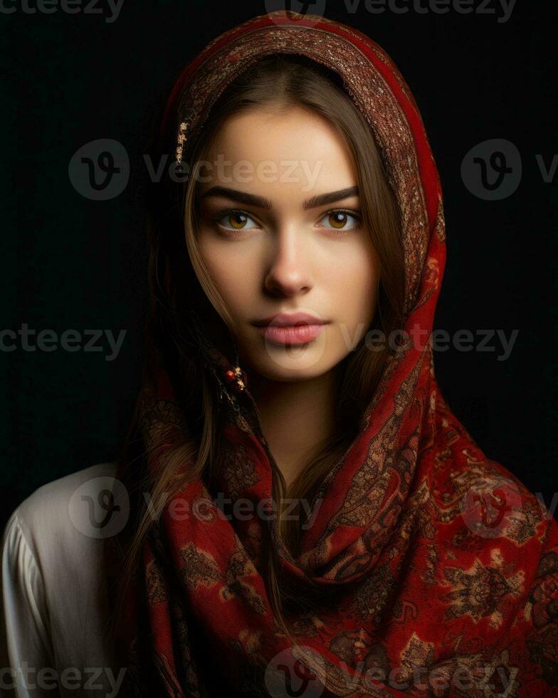 beautiful young woman in a red headscarf on a black background generative ai photo