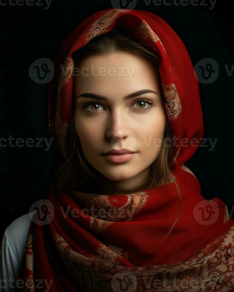 hermosa joven mujer en un rojo chal mirando a el cámara generativo ai foto
