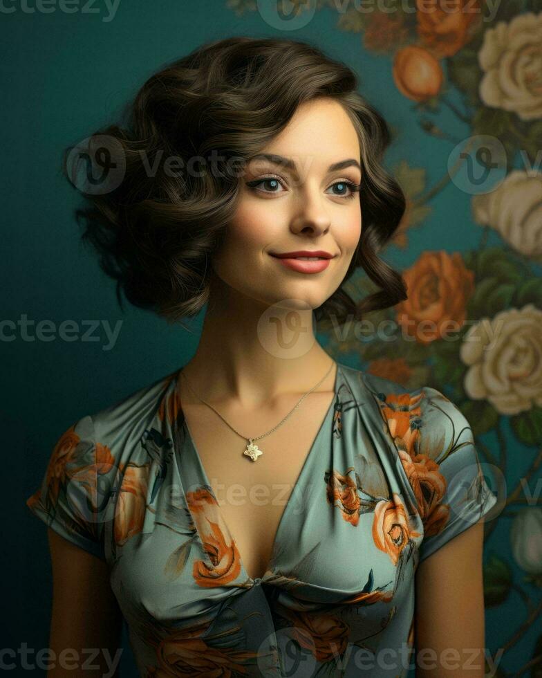 beautiful young woman in floral dress posing for the camera generative ai photo