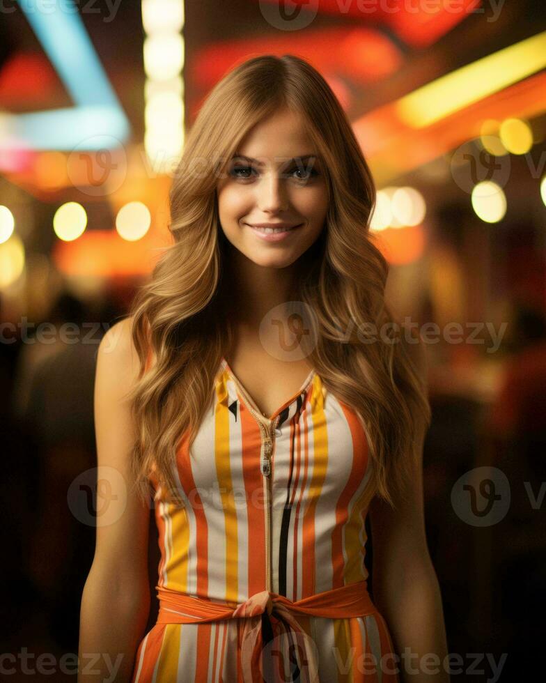 beautiful young woman in striped dress standing in front of neon lights generative ai photo