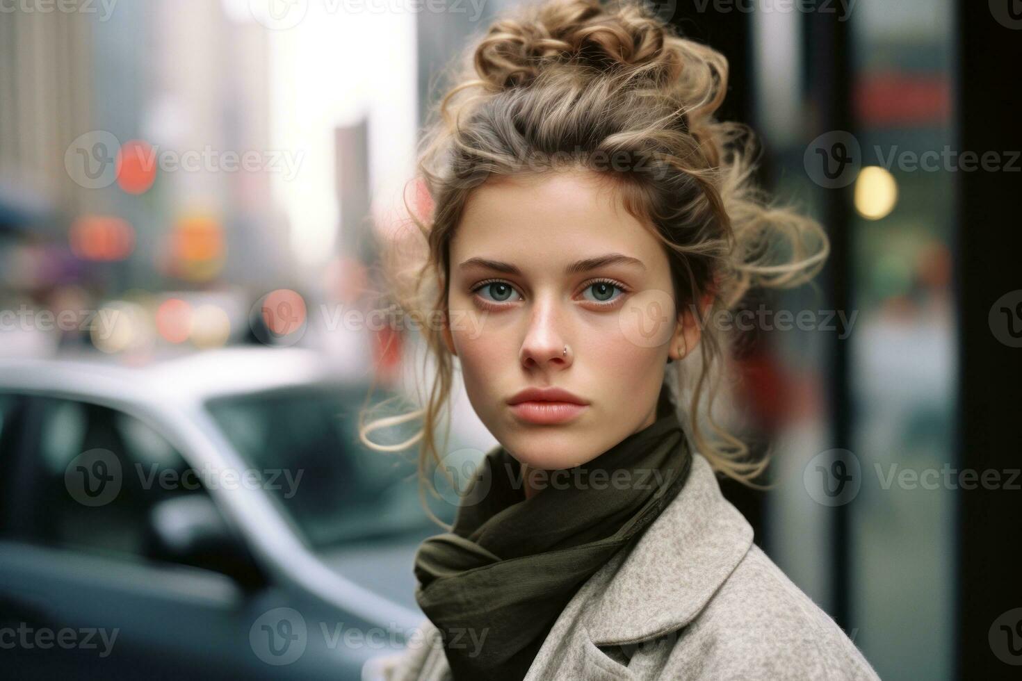 beautiful young woman with messy hair in the city generative ai photo