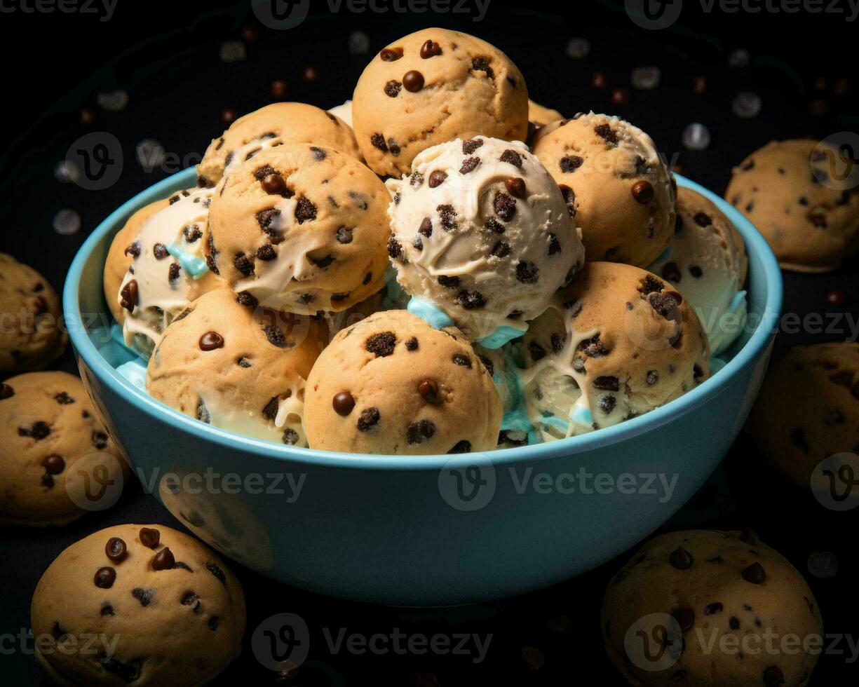 chocolate chip cookie dough ice cream in a bowl on a black background generative ai photo