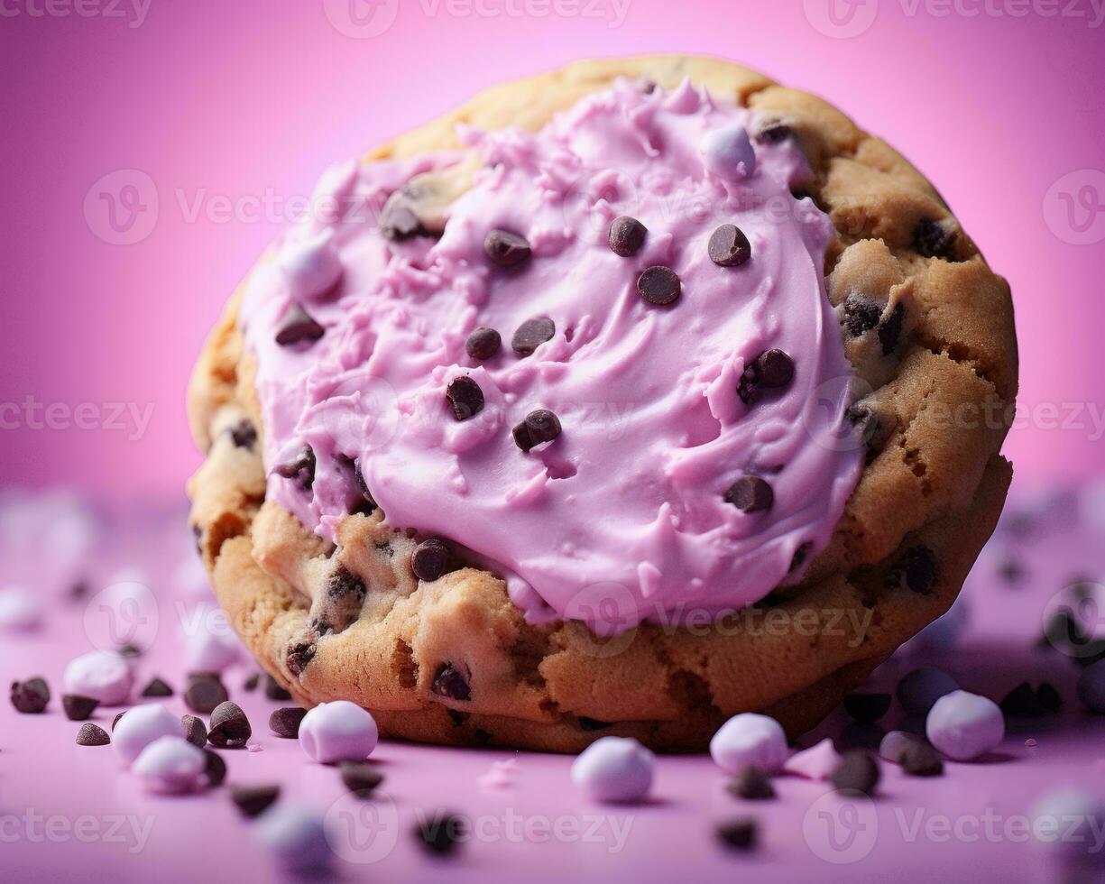 chocolate chip cookie with pink frosting on a pink background generative ai photo