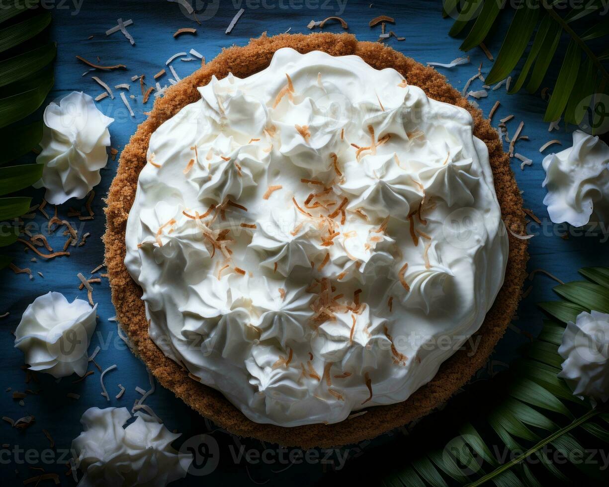 coconut cream pie on a blue table with coconut leaves and white flowers banco de imagens generative ai photo