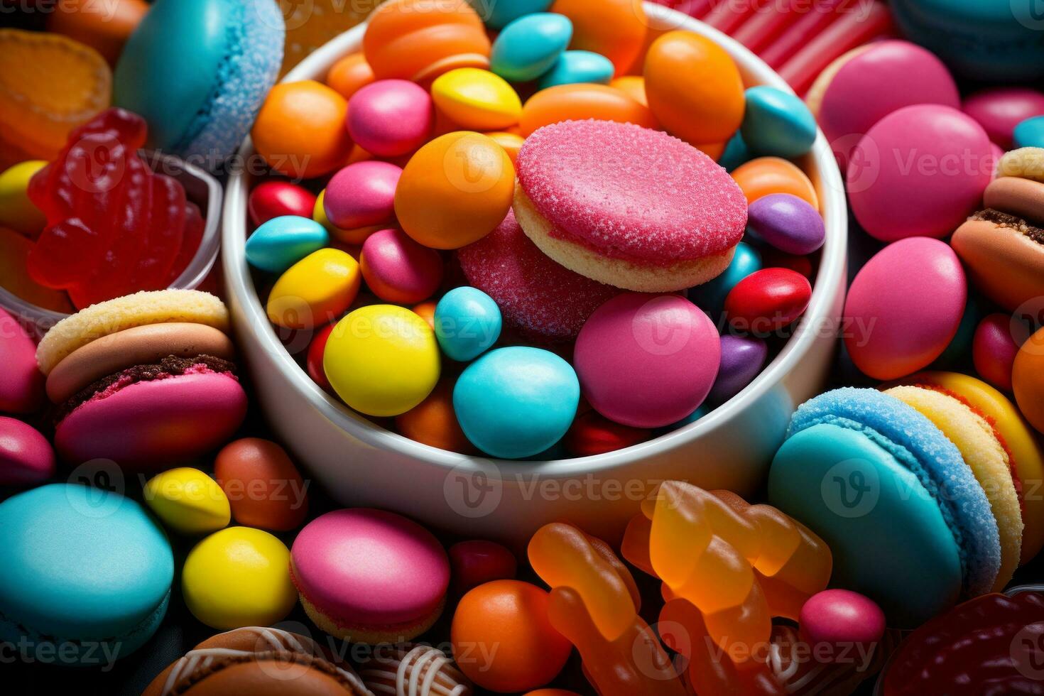 colorful candies in a bowl on a table generative ai photo