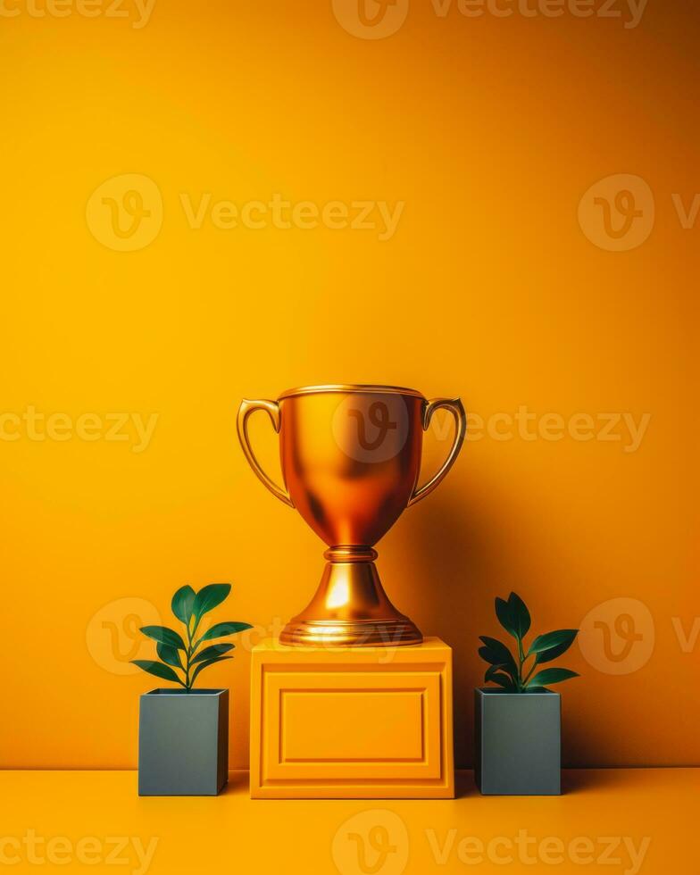 gold trophy with plants on an orange background 3d rendering generative ai photo