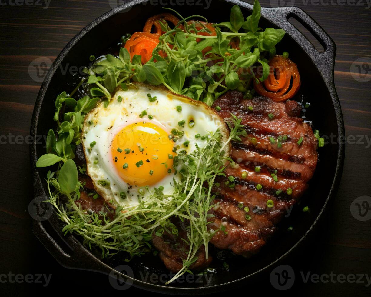 A la parrilla filete con frito huevo y vegetales en un sartén generativo ai foto