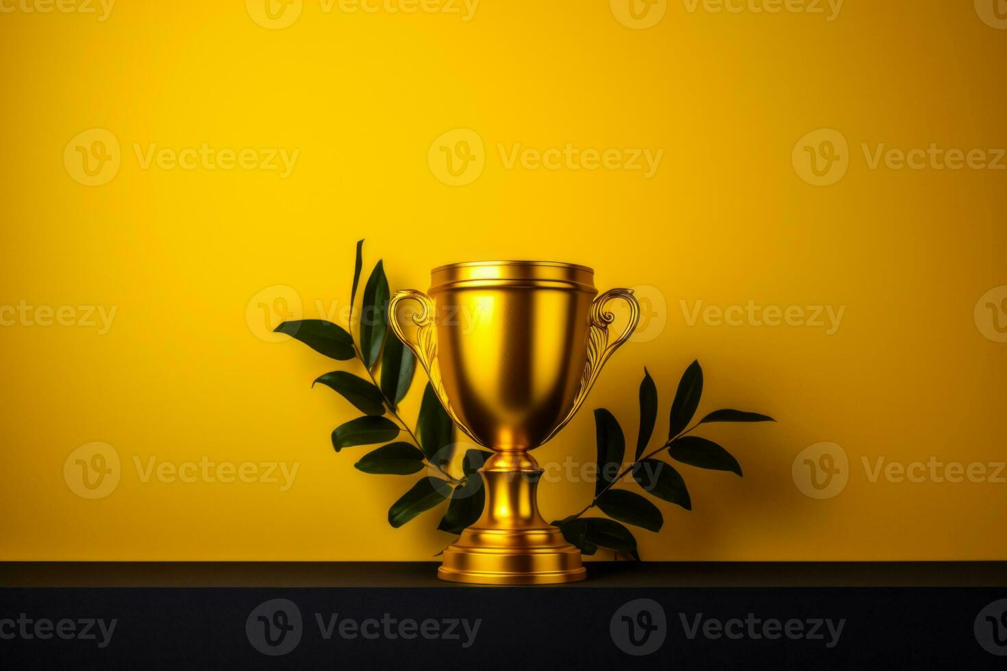 golden trophy on a yellow background with green leaves generative ai photo