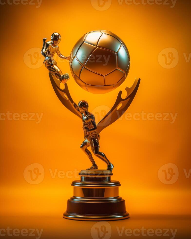 golden trophy with soccer ball on orange background generative ai