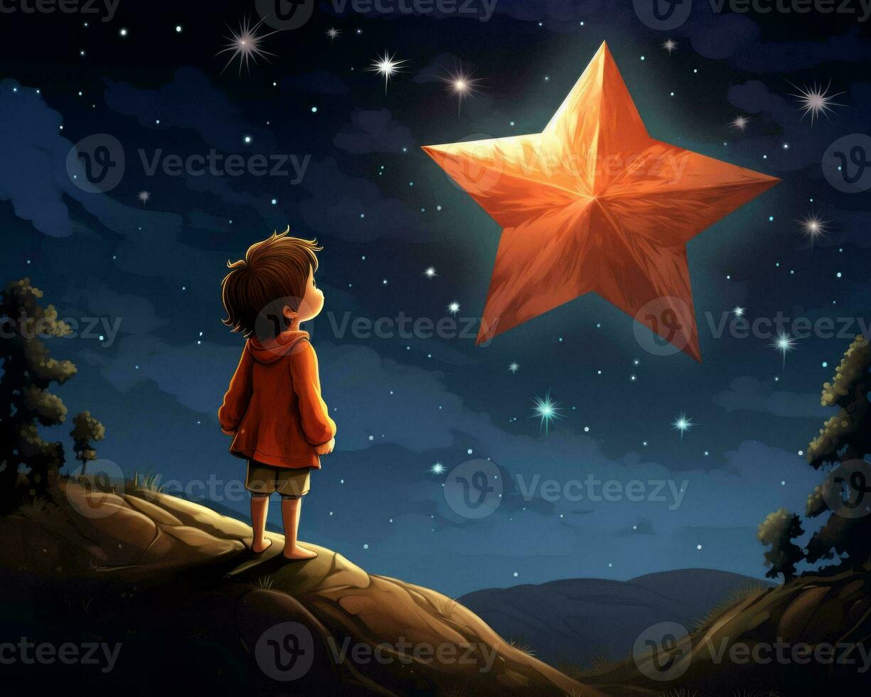 little boy looking up at a star in the night sky generative ai photo