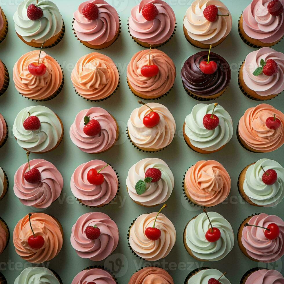 many cupcakes are arranged in a pattern with cherries on top generative ai photo