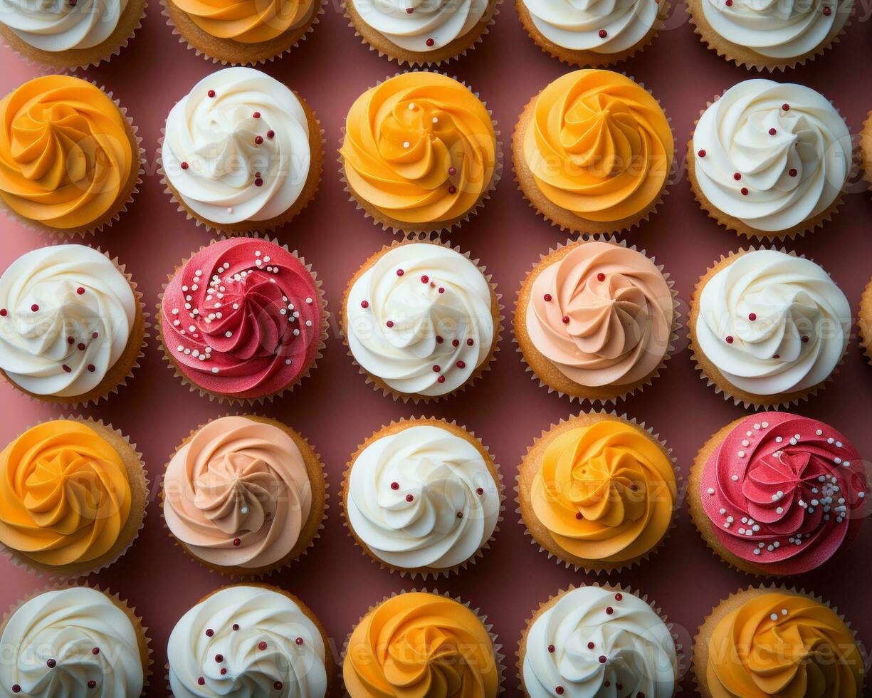 many cupcakes are arranged in a pattern on a pink background generative ai photo