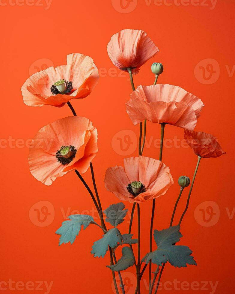 orange poppies in a vase on an orange background generative ai photo