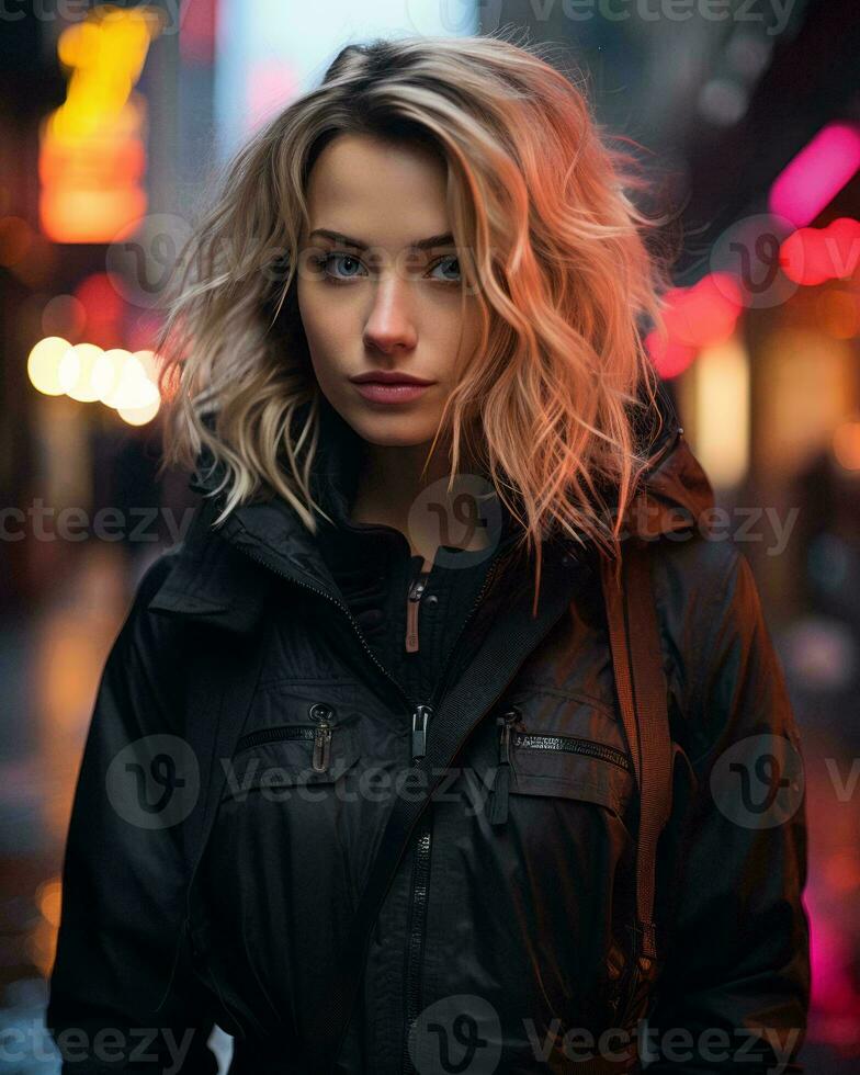 portrait of a beautiful blonde woman in the city at night generative ai photo