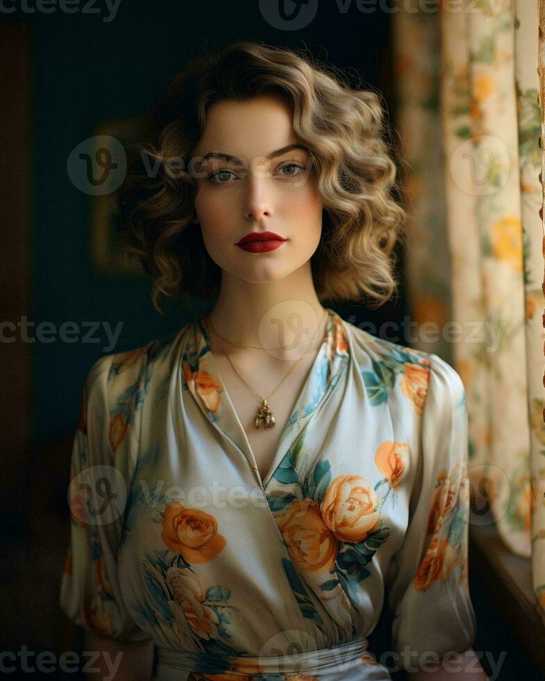 portrait of a beautiful woman in a floral dress generative ai photo