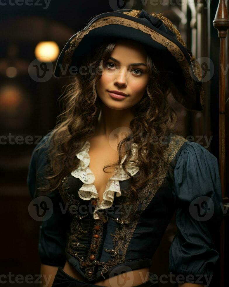 portrait of a beautiful woman in a pirate costume generative ai photo