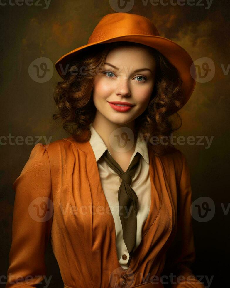 portrait of a beautiful woman in an orange dress and hat generative ai photo