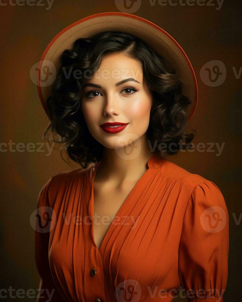 portrait of a beautiful woman in an orange dress and hat generative ai photo